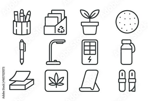 Eco-Friendly Desk Icons. Outline icon set of sustainable desk accessories: bamboo pen holder, recycled paper
