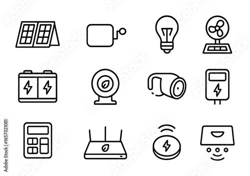 Renewable Energy Devices. Outline icon set of renewable energy-powered devices: portable solar panel, wind-up