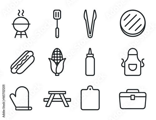 Backyard BBQ Icon Set. Outline icon set of backyard BBQ essentials: charcoal grill, spatula, tongs, burger