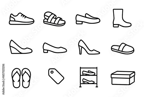 Footwear Icon Set. Outline icon set of footwear variety display: sneakers, sandals, loafers, boots, wedges,
