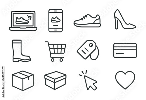 Online Shoe Shopping Icons. Outline icon set of online shoe shopping: laptop, smartphone, sneaker, high heel,