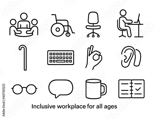 Inclusive Workplace Icons. Outline icon set of inclusive workplace for all ages: group meeting, wheelchair,