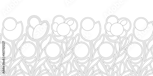 Outlined floral pattern with circles and petals arranged in a horizontal repeating design element