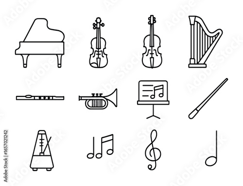 Classical Music Icons. Outline icon set of classical music inspiration: grand piano, violin, cello, harp,