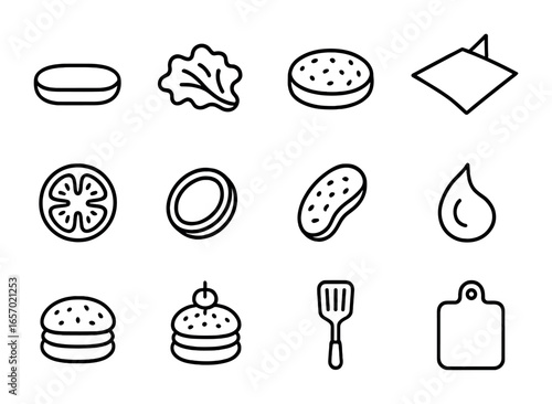 Burger Assembly Icons. Outline icon set of burger assembly process: bottom bun, lettuce, patty, cheese slice,