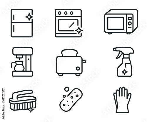 Kitchen Cleaning Icons. Outline icon set of kitchen appliance cleaning: refrigerator, oven, microwave, coffee
