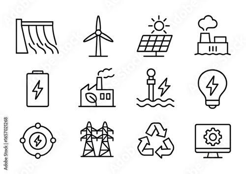 Renewable Energy Icons. Outline icon set of renewable energy mix: hydro dam, wind turbine, solar panel,
