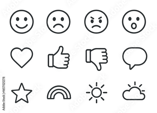 Emotion Chart Icons. Outline icon set of emotion-based charts: happy face, sad face, angry face, surprised