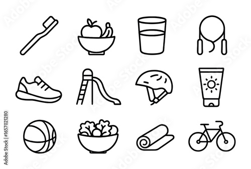 Healthy Childhood Icons. Outline icon set of healthy childhood habits: toothbrush, fruit bowl, water glass,