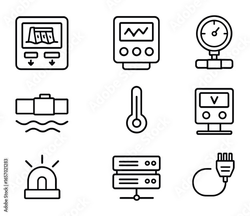 Hydroelectric Monitoring Icons. Outline icon set of hydroelectric monitoring systems: digital control screen,