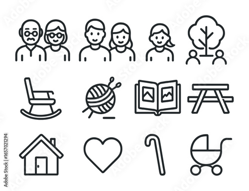Multi-Generational Family Icons. Outline icon set of multi-generational families: grandparents, parents,
