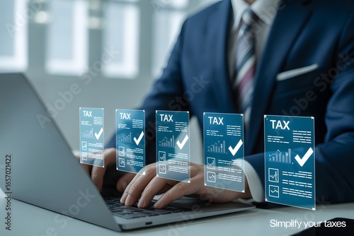 Tax Season Simplified: A modern professional, at his desk with a laptop, navigates the complexities of taxes with ease. With a sleek design.