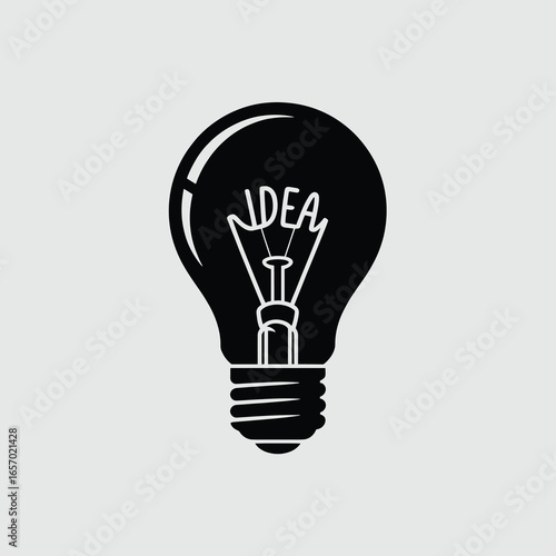 black vector silhouette of a classic incandescent light bulb with visible filament inside, slightly angled for depth, smooth bold lines, flat minimal style, centered on white background 