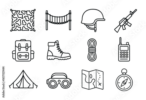 Military Gear Icons. Outline icon set of military rope bridges: camouflage net, rope bridge, soldier helmet,