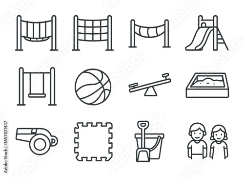 Playground Icon Set. Outline icon set of kids’ playground rope bridges: climbing frame, rope net, mini bridge,