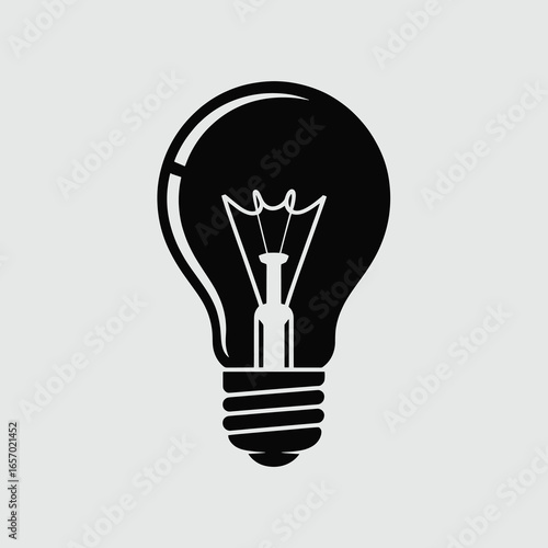 black vector silhouette of a classic incandescent light bulb with visible filament inside, slightly angled for depth, smooth bold lines, flat minimal style, centered on white background 