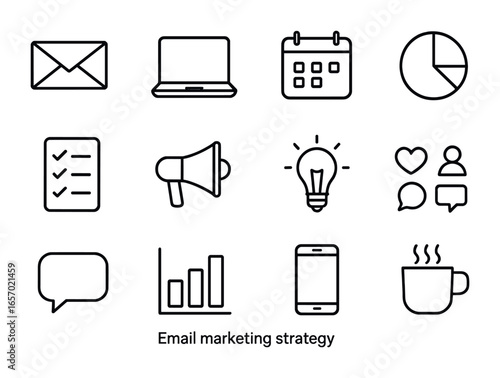 Email Marketing Icons. Outline icon set of email marketing strategy: envelope, laptop, calendar, pie chart,