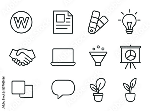 Brand Strategy Icons. Outline icon set of branding strategy sessions: brand logo, style guide, color palette,