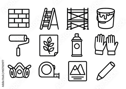 Mural Tools Icons. Outline icon set of mural preparation: wall, ladder, scaffolding, bucket, roller, stencil,