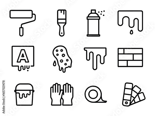 Paint Application Icons. Outline icon set of paint application techniques: roller, brush, spray can, stencil,