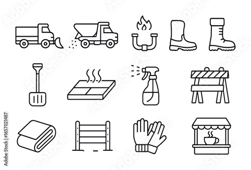 Snowstorm Preparedness Icons. Outline icon set of snowstorm readiness in cities: snowplows, salt spreaders,