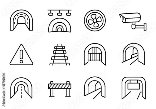 Underground Tunnel Icons. Outline icon set of underground tunnel: concrete arch, tunnel lights, ventilation