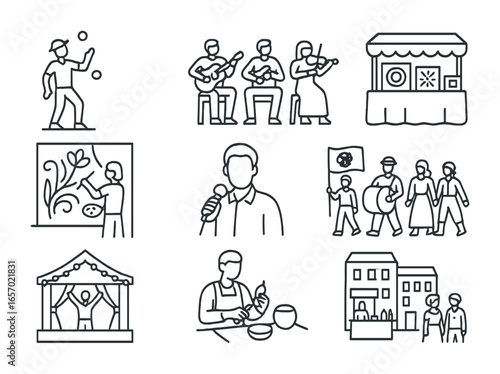 Contemporary Folklore Icons. Outline icon set of contemporary folklore photography: street performer, modern