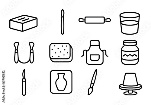 Clay Modeling Tools. Outline icon set of clay modeling: clay block, sculpting tool, rolling pin, water cup,