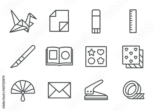 Paper Craft Icons. Outline icon set of paper crafts: origami crane, folding paper, glue stick, ruler, craft