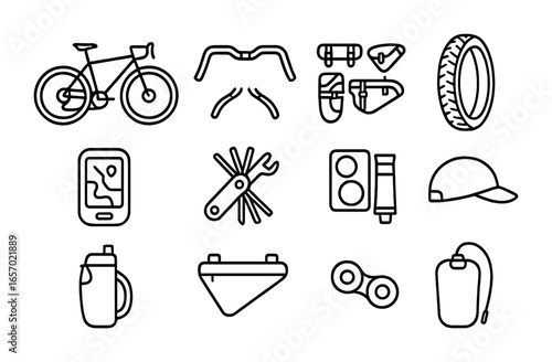Gravel Cycling Icons. Outline icon set of gravel cycling: gravel bike, flared handlebars, bikepacking bags,