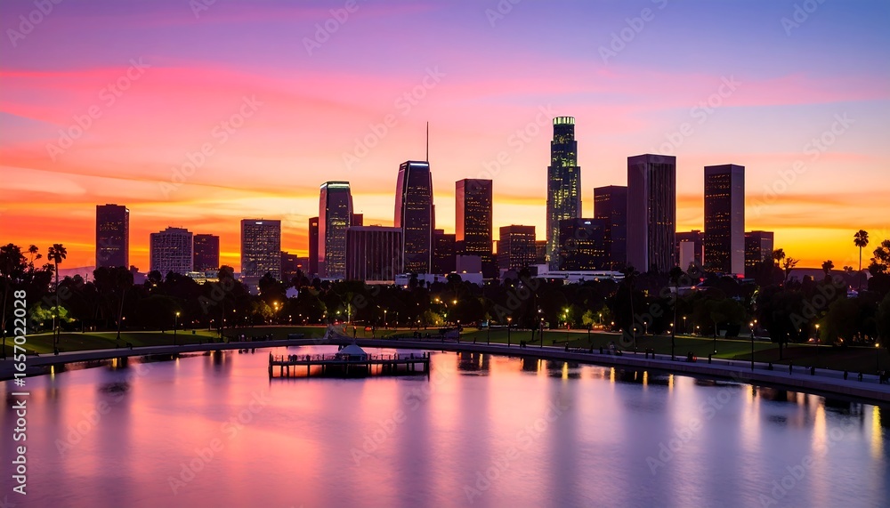 Fototapeta premium City skyline at sunset over a pond