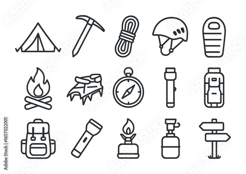 Extreme Camping Icons. Outline icon set of extreme camping: tent, ice axe, rope, climbing helmet, campfire,