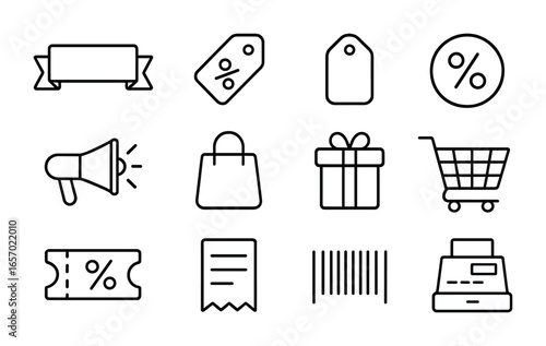 Promotional Icons Grid. Outline icon set of promotional signage: sale banner, discount tag, price tag,