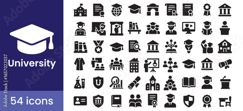University and education icon set in solid glyph style with school, student, and graduation symbols for learning, including 54 academic illustrations for college and academy.

