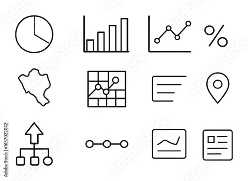 Infographic Icon Set. Outline icon set of infographic compositions: pie chart, bar chart, line graph, map,