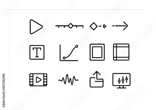 Motion Graphics Icons. Outline icon set of motion graphic layouts: play button, timeline bar, keyframe,