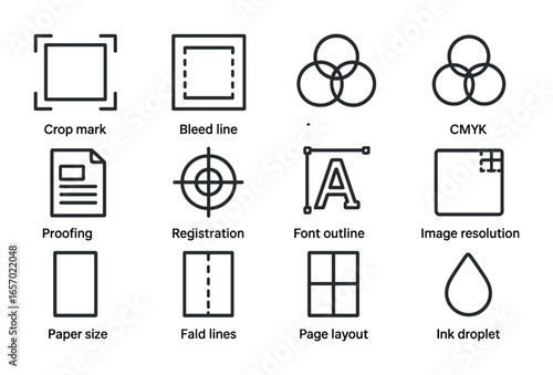 Print Artwork Icons. Outline icon set of print-ready artwork compositions: crop mark, bleed line, safe zone,