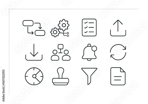 Digital Workflow Icons. Outline icon set of digital workflow: task flow arrows, automation gear, checklist,