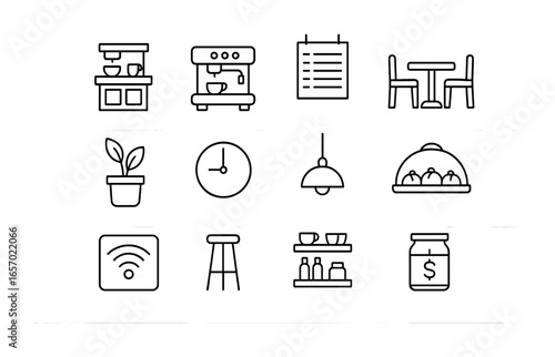 Coffee Shop Icons. Outline icon set of coffee shop interiors: counter, espresso machine, menu board, seating