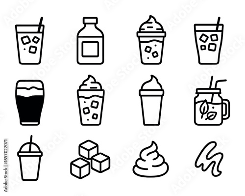 Cold Coffee Icons. Outline icon set of cold coffee drinks: iced latte, cold brew bottle, frappuccino, iced