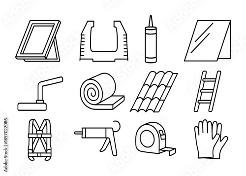 Skylight Installation Icons. Outline icon set of skylight installation: skylight window, flashing kit, sealant