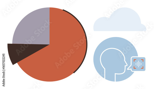 Pie chart with three segments, speaking head icon, and cloud graphic. Ideal for analytics, data, technology, voice recognition, communication cloud computing and modern innovation. A simple flat