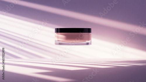 Floating Cosmetic Jar with Pink Cream on Artistic Shadow Background
