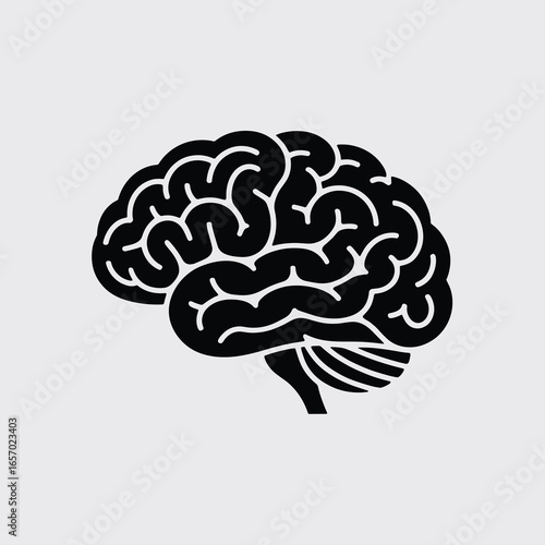 black vector silhouette of a human brain with visible simplified folds and curves, slightly angled for dynamic perspective, clean bold lines, flat minimal style, centered on white background