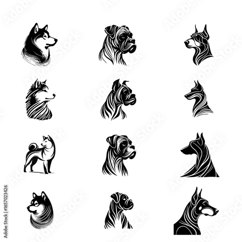 Shadow Pack Boxer Laika Greyhound black silhouette set vector flat colors