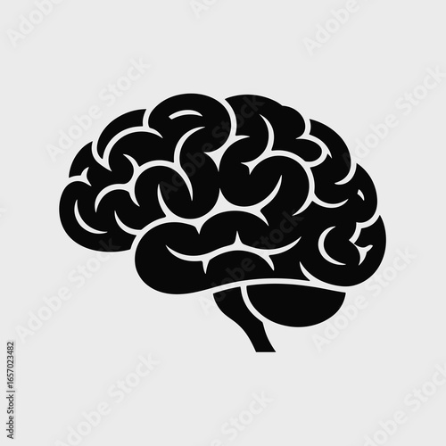 black vector silhouette of a human brain with visible simplified folds and curves, slightly angled for dynamic perspective, clean bold lines, flat minimal style, centered on white background