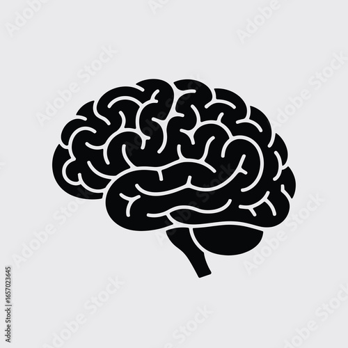 black vector silhouette of a human brain with visible simplified folds and curves, slightly angled for dynamic perspective, clean bold lines, flat minimal style, centered on white background