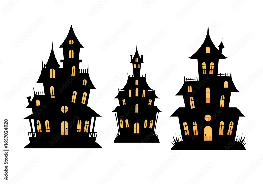 Obraz premium Three spooky haunted houses with glowing windows and doors isolated against a plain setting drawing