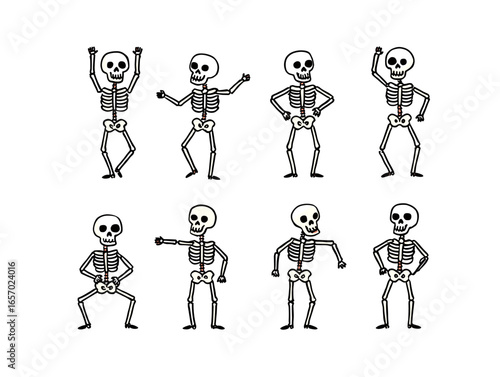 Eight cartoon skeletons in various poses against a plain setting showing skeletal anatomy and structure