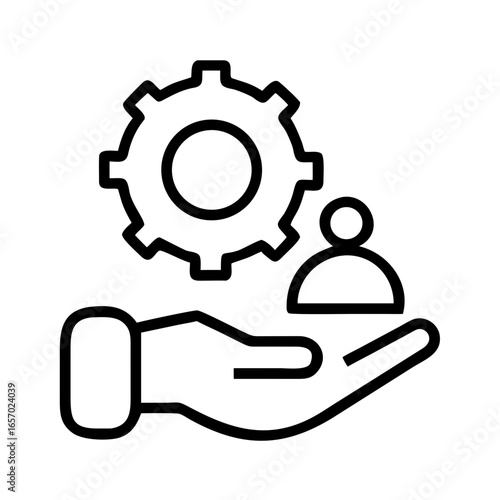 Hand holding a person icon with gear symbolizing service management  